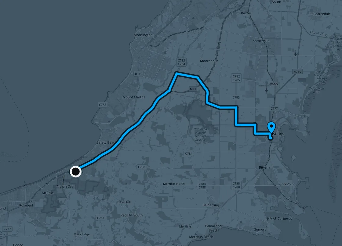 Driving route from Dromana to the workshop in Hastings