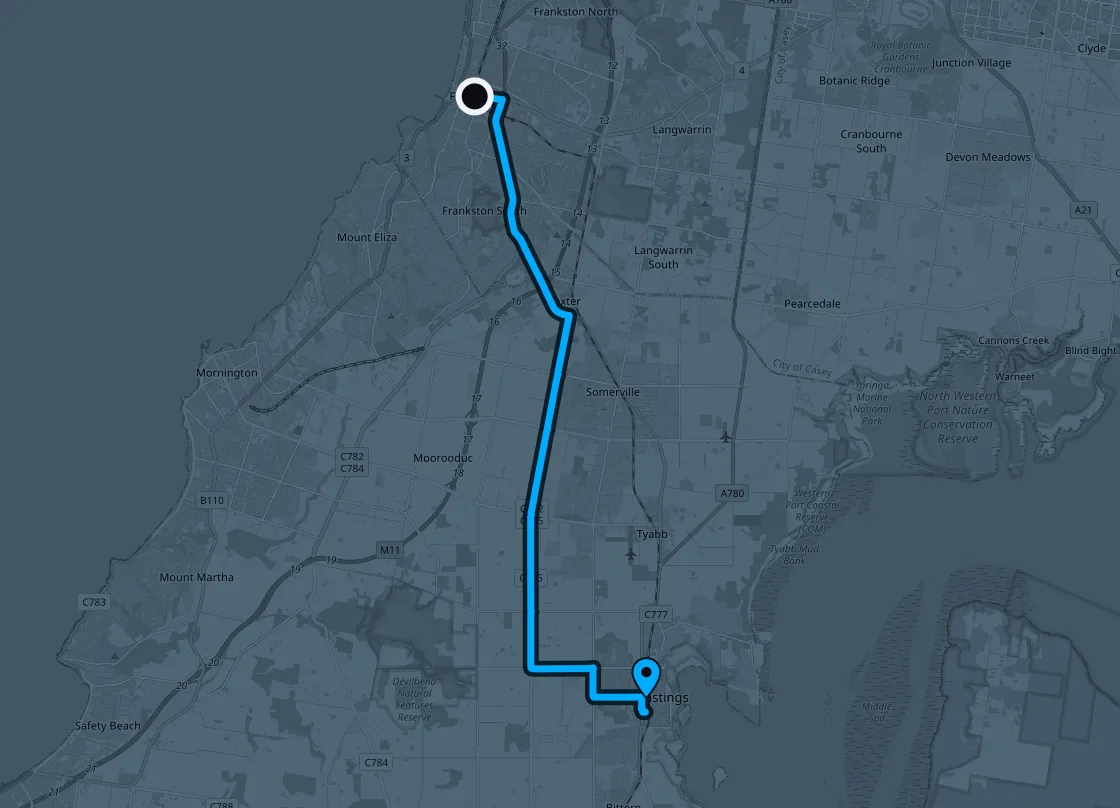 Driving route from Frankston to the workshop in Hastings