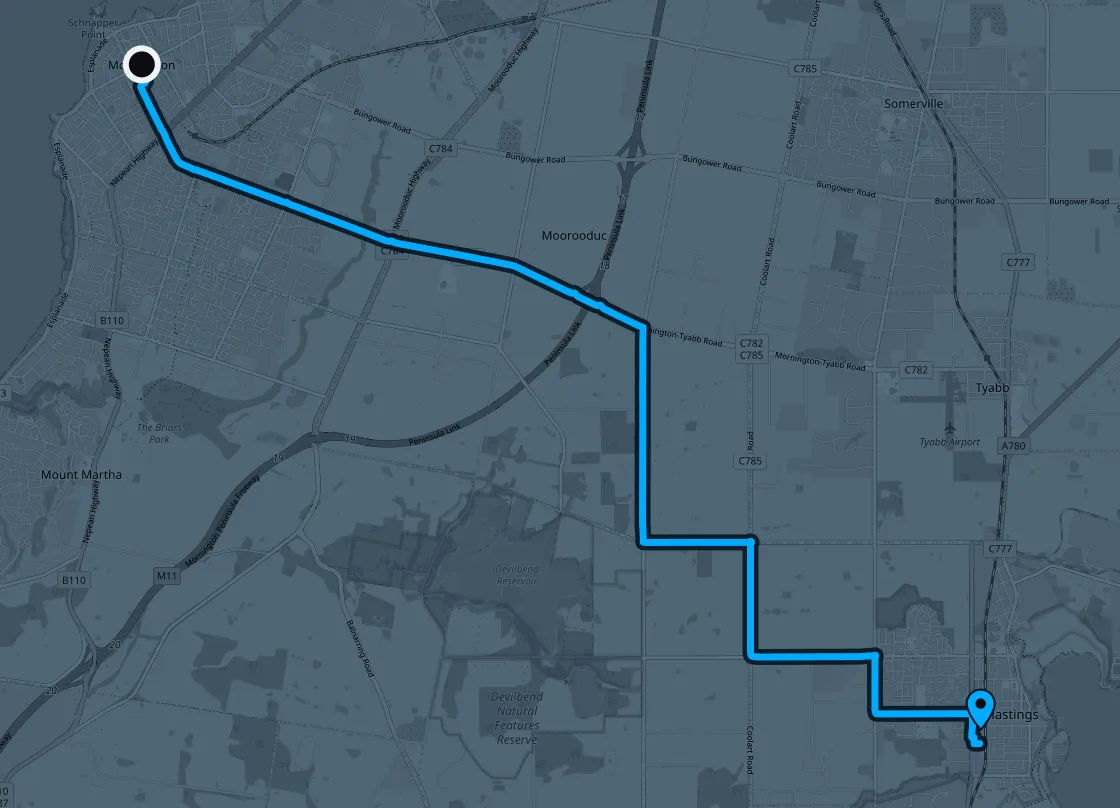 Driving route from Mornington to the workshop in Hastings