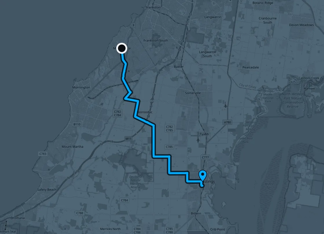 Driving route from Mount Eliza to the workshop in Hastings