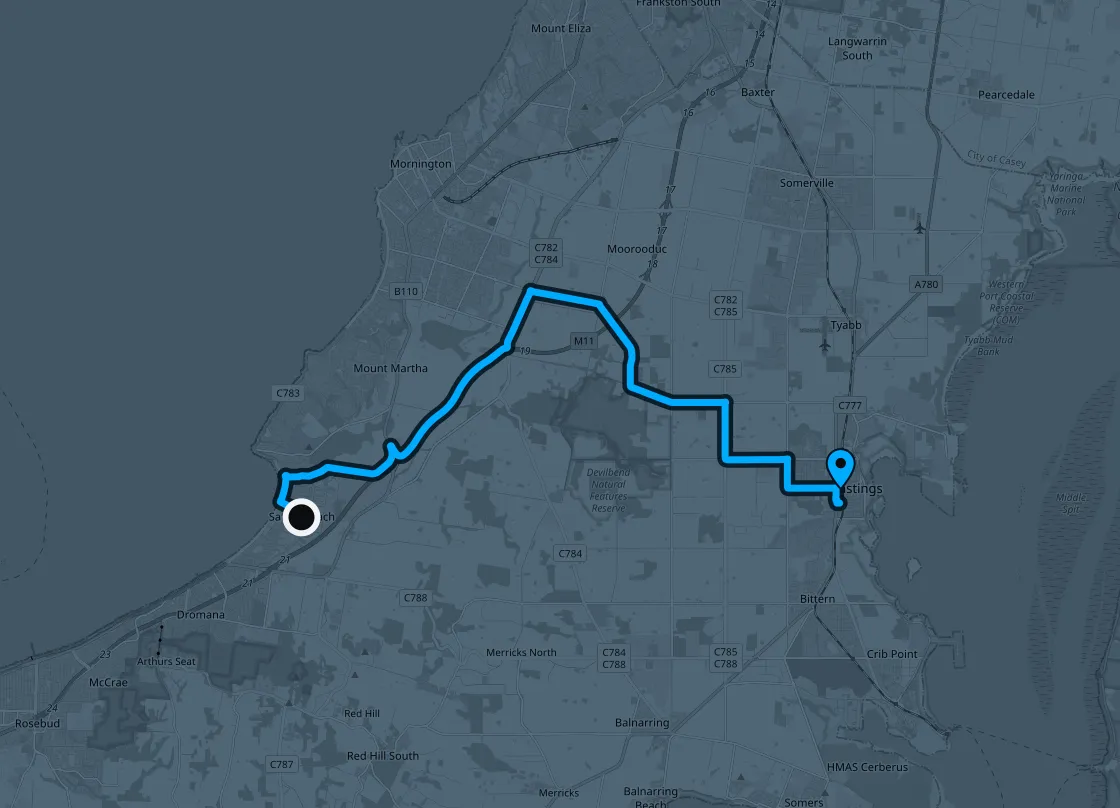 Driving route from Safety Beach to the workshop in Hastings
